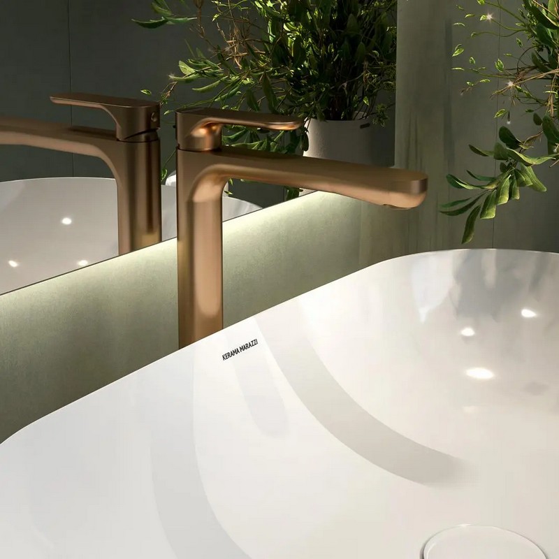 Смеситель для раковины OLE однорычажный высокий без донного клапана, золотой атласный КЕРАМА МАРАЦЦИ фото Смеситель для раковины OLE однорычажный высокий без донного клапана, золотой атласный КЕРАМА МАРАЦЦИ