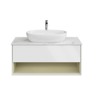 фото Тумба Plaza Modern/Плаза Модерн подвесная 100, нажимное открывание, 1 ящик, подсветка, белая матовая+шалфей КЕРАМА МАРАЦЦИ