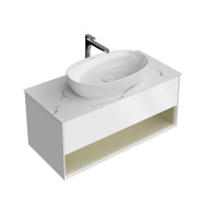 фото Тумба Plaza Modern/Плаза Модерн подвесная 100, нажимное открывание, 1 ящик, подсветка, белая матовая+шалфей КЕРАМА МАРАЦЦИ