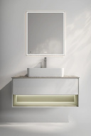 фото Тумба Plaza Modern/Плаза Модерн подвесная 100, нажимное открывание, 1 ящик, подсветка, белая матовая+шалфей КЕРАМА МАРАЦЦИ